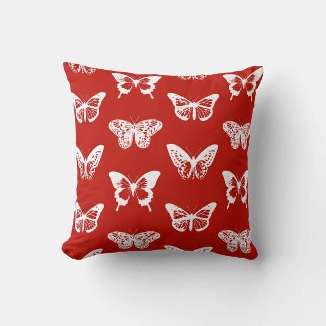 Butterfly sketch, deep red and white cushion (Front)