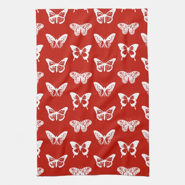 Butterfly sketch, deep red and white tea towel (Vertical)