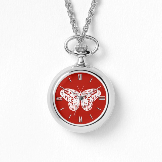 Butterfly sketch, deep red and white watch (Front)