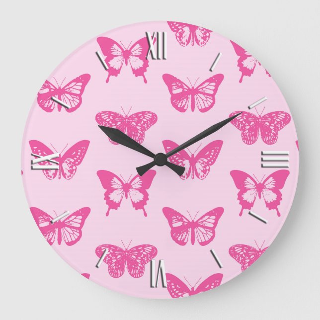 Butterfly sketch, light pink and fuchsia large clock (Front)