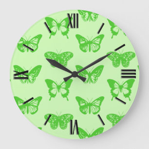 Butterfly sketch,  lime green large clock