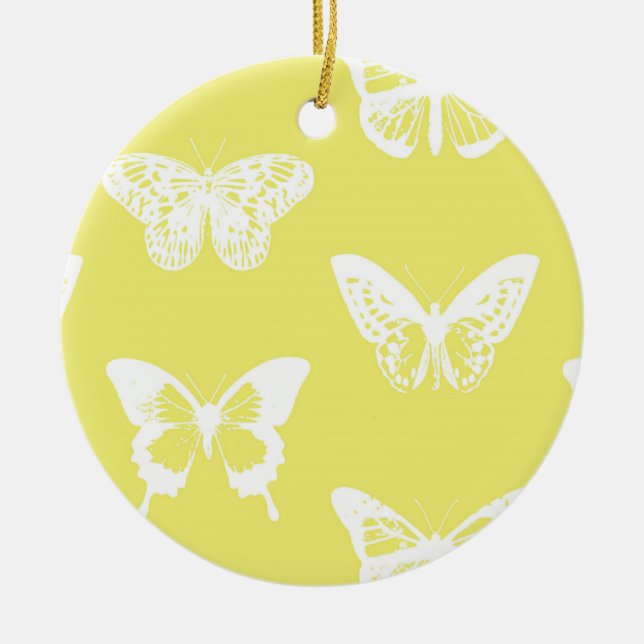Butterfly sketch, mustard gold and white ceramic tree decoration (Front)