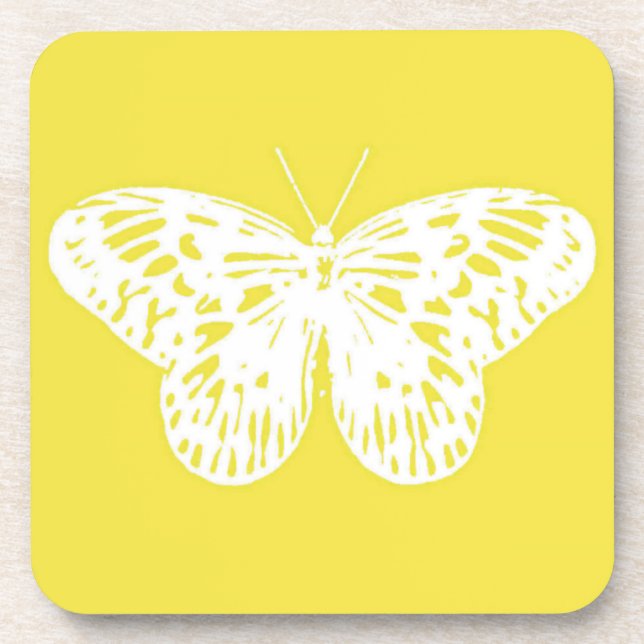 Butterfly sketch, mustard gold and white coaster (Front)