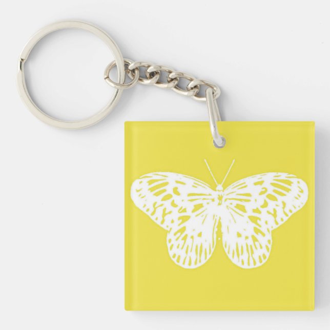 Butterfly sketch, mustard gold and white key ring (Front)