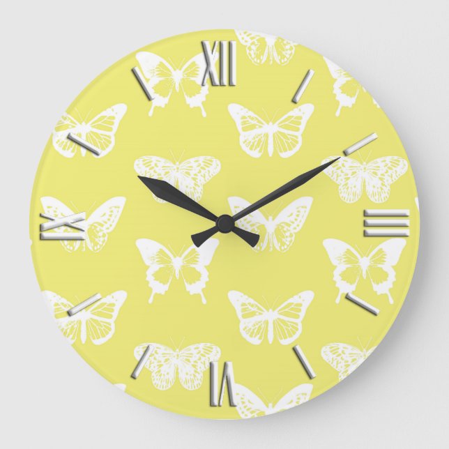Butterfly sketch, mustard gold and white large clock (Front)