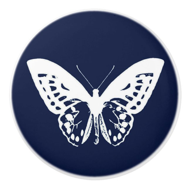 Butterfly sketch, navy blue and white ceramic knob (Front)