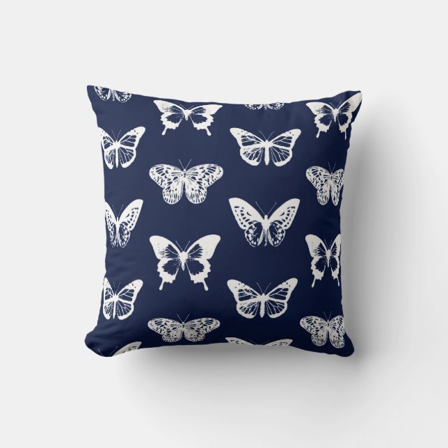 Butterfly sketch, navy blue and white cushion (Front)