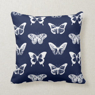 Butterfly sketch, navy blue and white cushion