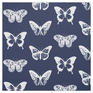 Butterfly sketch, navy blue and white fabric