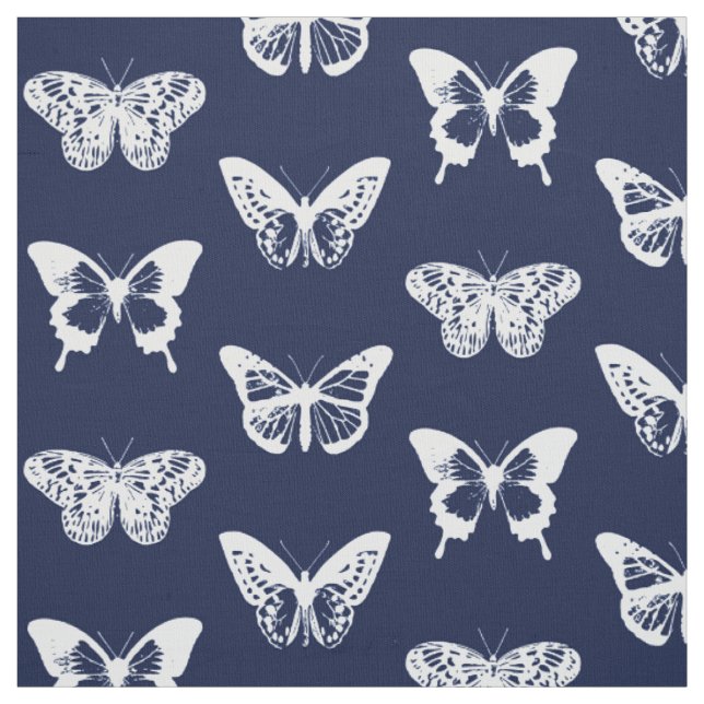 Butterfly sketch, navy blue and white fabric (Swatch)