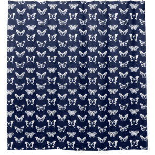 Butterfly sketch, navy blue and white shower curtain