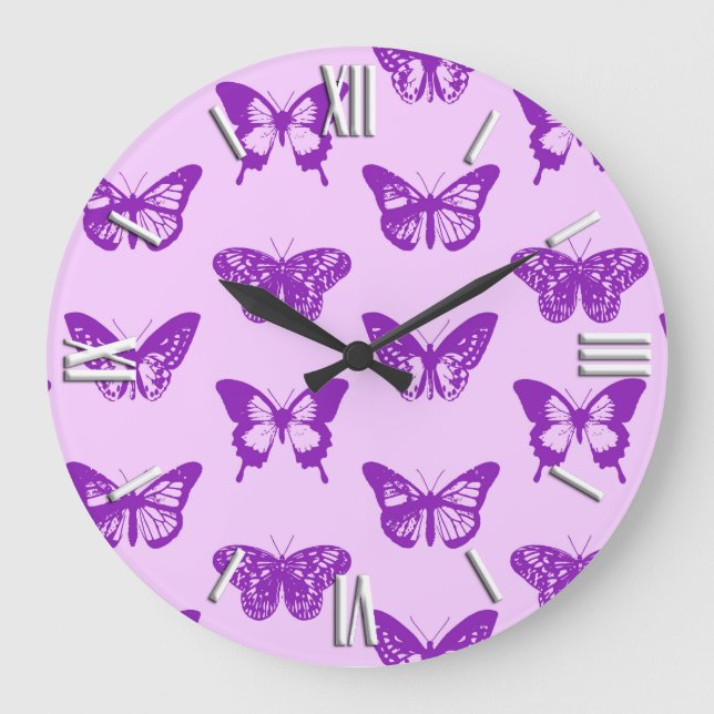 Butterfly sketch, orchid pink and violet large clock (Front)