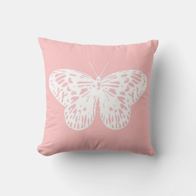 Butterfly sketch, shell pink and white cushion (Front)