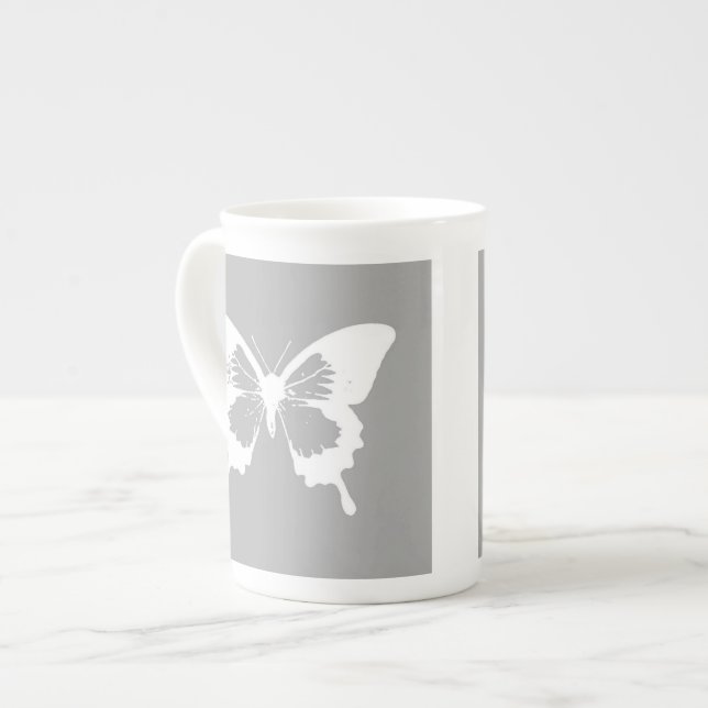 Butterfly sketch, silver grey and white bone china mug (Front Left)