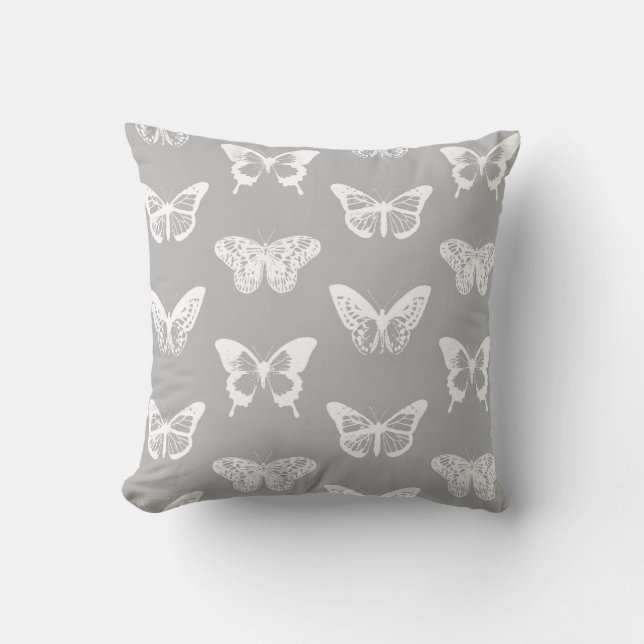 Butterfly sketch, silver grey and white cushion (Front)