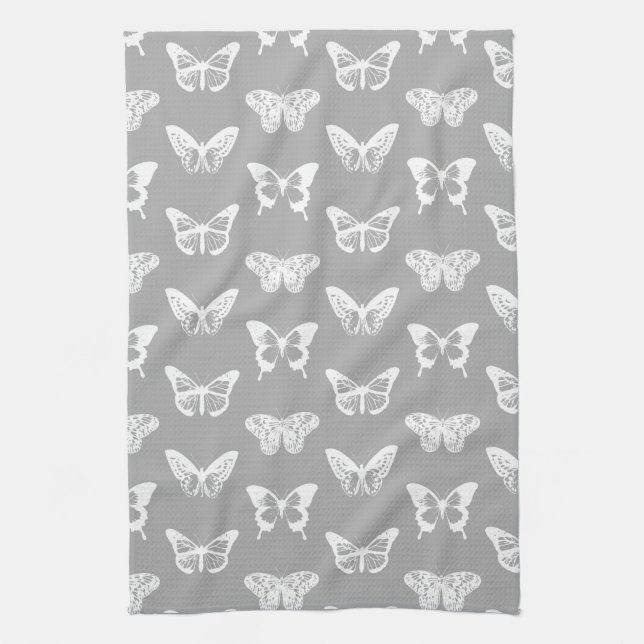 Butterfly sketch, silver grey and white tea towel (Vertical)