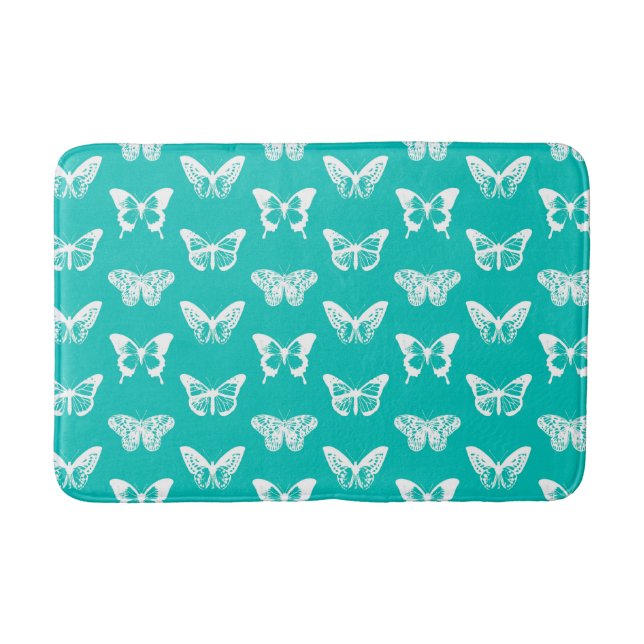 Butterfly sketch, turquoise and white bath mat (Front)