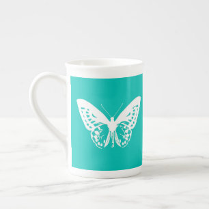Butterfly sketch, turquoise and white bone china mug