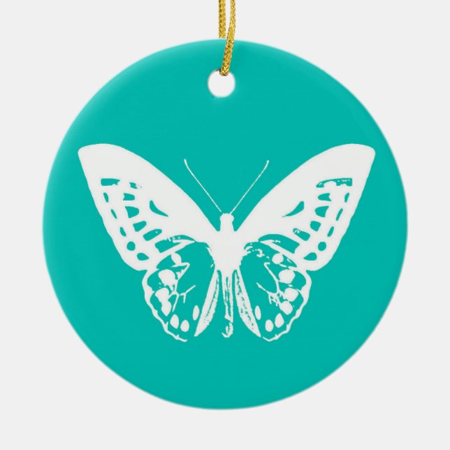 Butterfly sketch, turquoise and white ceramic tree decoration (Front)