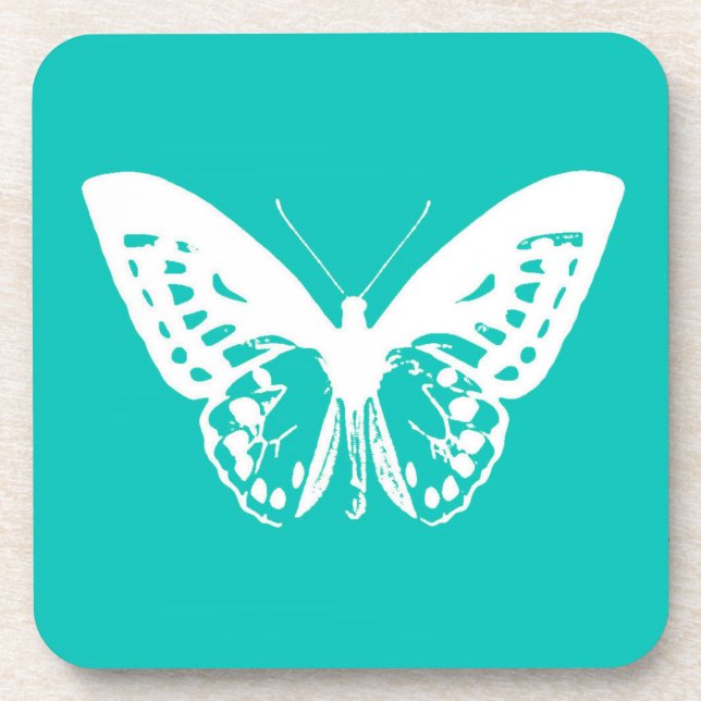 Butterfly sketch, turquoise and white coaster (Front)