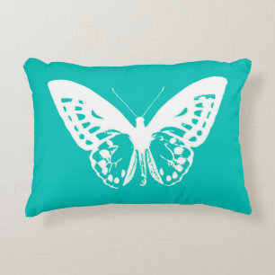 Butterfly sketch, turquoise and white decorative cushion
