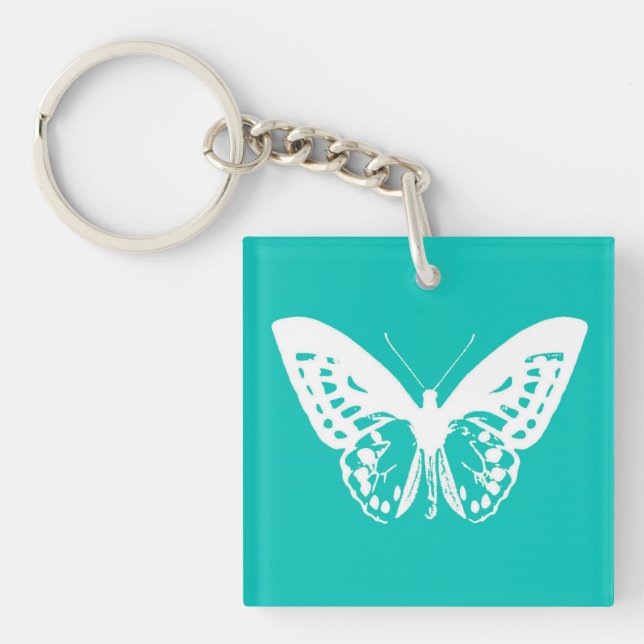 Butterfly sketch, turquoise and white key ring (Front)