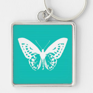 Butterfly sketch, turquoise and white key ring