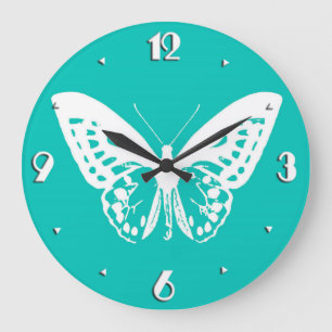 Butterfly sketch, turquoise and white large clock