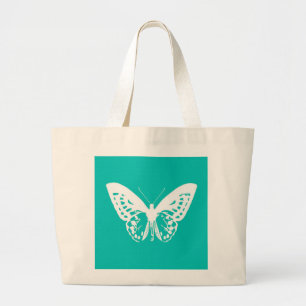 Butterfly sketch, turquoise and white large tote bag