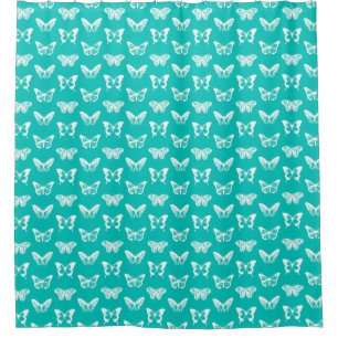 Butterfly sketch, turquoise and white shower curtain