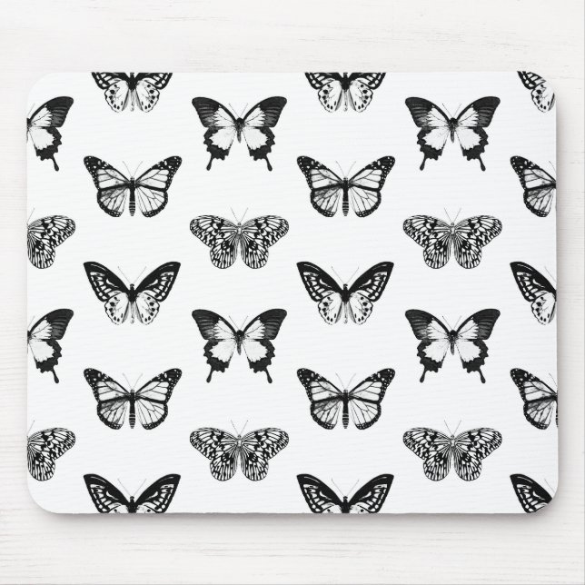 Butterfly sketch, white and black mouse pad (Front)