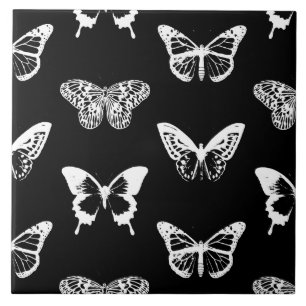 Butterfly sketch, white and black tile