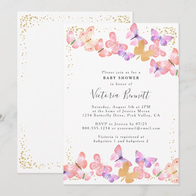 Butterfly Skies Coral Gold Confetti Baby Shower Invitation (Front/Back)