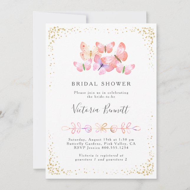 Butterfly Skies Coral Gold Confetti Bridal Shower Invitation (Front)