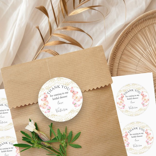 Butterfly Skies Coral Gold Confetti Thank You Classic Round Sticker (Editable stickers from my Butterfly Skies collections)