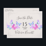Butterfly Skies Pink Silver Confetti Save the Date Announcement Postcard<br><div class="desc">Pretty butterfly save the date card with personalised message on the back so you can customise for any occasion. The design has pretty watercolor butterflies in pink and lilac with elegant handwritten script typography and silver confetti. Please browse my store for matching invitations,  rsvp and mailing accessories.</div>