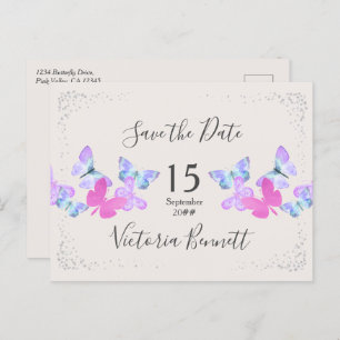 Butterfly Skies Pink Silver Confetti Save the Date Announcement Postcard