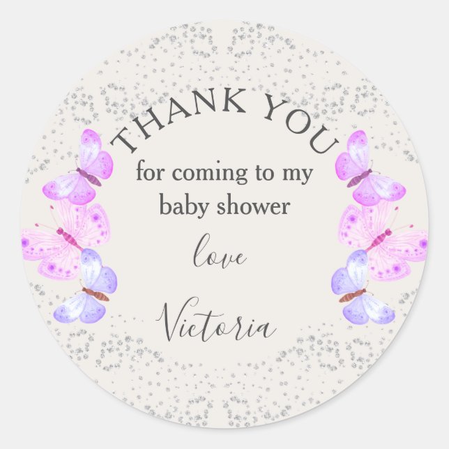 Butterfly Skies Pink Silver Confetti Thank You Classic Round Sticker (Front)