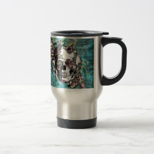 Butterfly smoke skull in blue pink and yellow. travel mug
