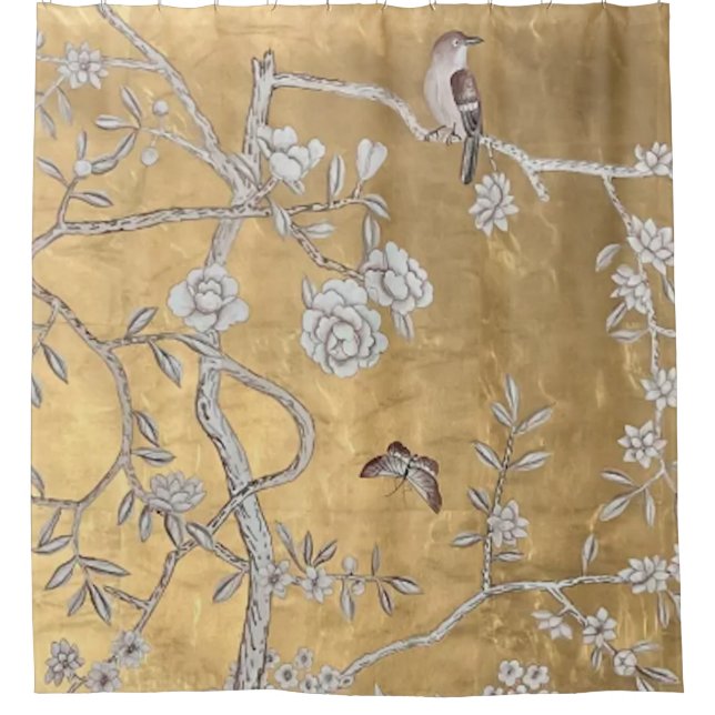 Butterfly & Sparrow Golden Oriental Garden Scene Shower Curtain (Front)