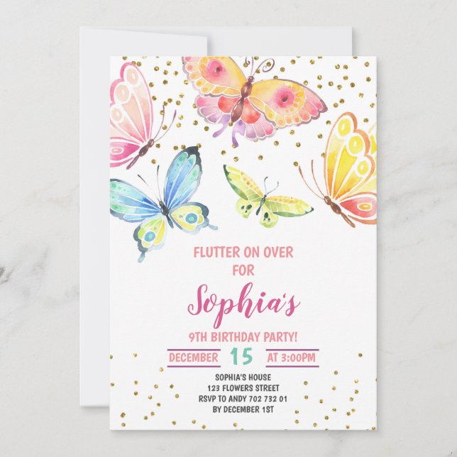 Butterfly Spring Summer Girl Birthday Invitation (Front)