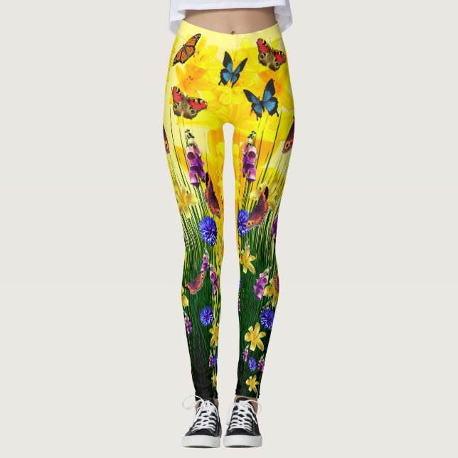 Butterfly Springtime Flowers Leggings (Front)