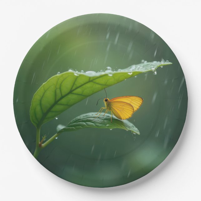 Butterfly Staying Dry Under a Leaf Paper Plate (Front)