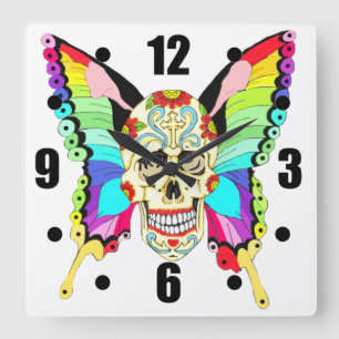 Butterfly Sugar Skull Square Wall Clock