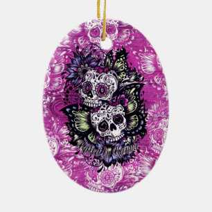 Butterfly sugar skulls on pink wood base. ceramic tree decoration
