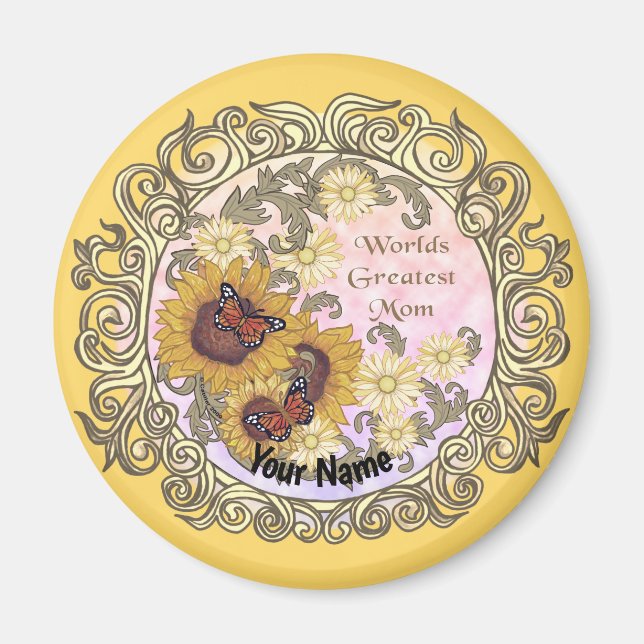 Butterfly Sunflower Mum custom name Magnet (Front)