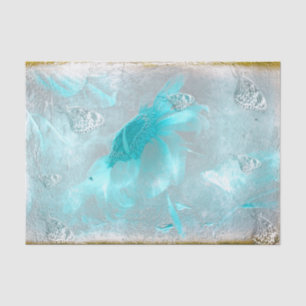 Butterfly Sunflower Teal Silver Vintage Antique Tissue Paper