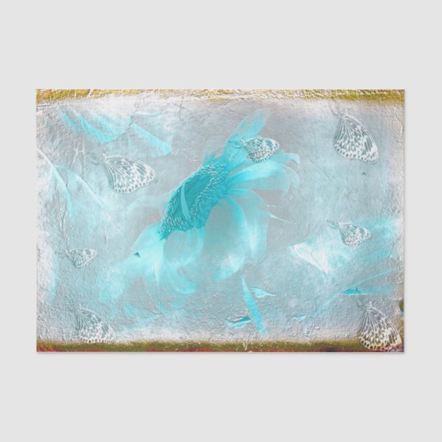 Butterfly Sunflower Teal Silver Vintage Antique Tissue Paper (Front)