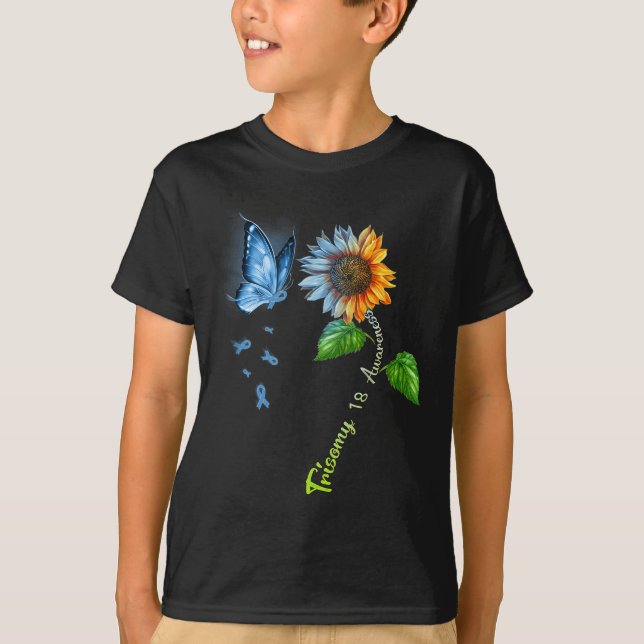 Butterfly Sunflower Trisomy 18 Awareness  T-Shirt (Front)