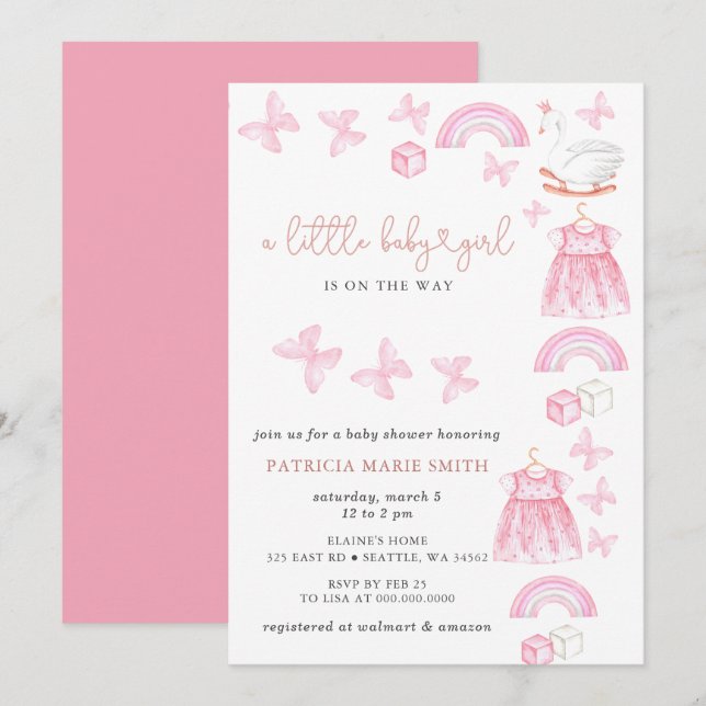 Butterfly Swan Princess Pink Girl Baby Shower Invitation (Front/Back)